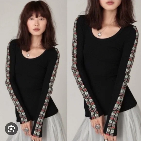 Free People Black Long Sleeve Top with Patterned Sleeves - Picture 11 of 13